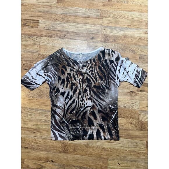 Cache Womens Medium Animal Print Top Black Tan Cold Shoulder 3/4 Sleeves Flowy - Picture 9 of 9